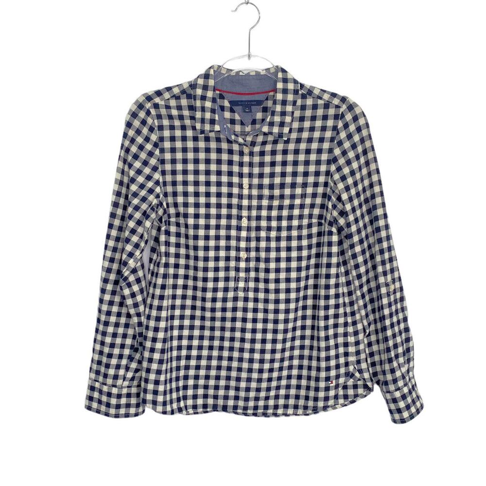 Tommy‎ Hilfiger Shirt Size M Blue/White Gingham Plaid 1/4 Button Front Tabbed Sl